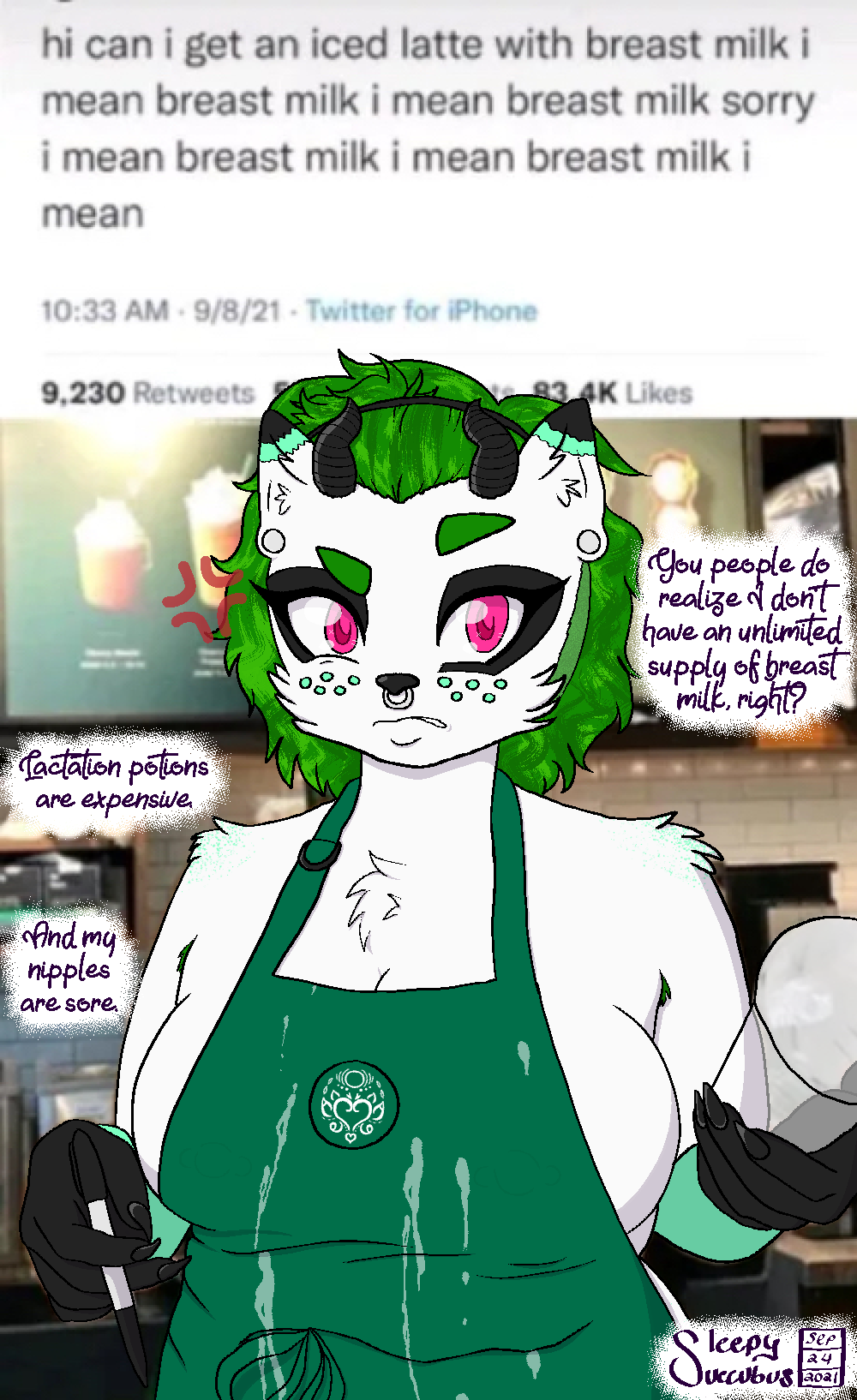 2021 5_fingers accessory annoyed anthro apron apron_only armpit_hair barista big_breasts black_body black_fur bodily_fluids body_hair breasts canid canine canis cel_shading chest_tuft claws clothing curvaceous curvy_figure dialogue digital_drawing_(artwork) digital_media_(artwork) domestic_dog ear_piercing english_text eyebrows eyeliner facial_piercing female fingers freckles fur gauged_ear green_apron green_body green_fur green_hair hair headband hi_res horn i_mean_breast_milk lactating lynne_spade makeup mammal meme milk mostly_nude nipple_outline nipple_piercing nipples nonbinary_(lore) nose_piercing piercing pink_eyes pomeranian raised_eyebrow septum_piercing shaded short_hair shoulder_tuft side_boob signature sleepysuccubusstudios solo spitz spots succubus text tuft voluptuous waist_up white_body white_fur