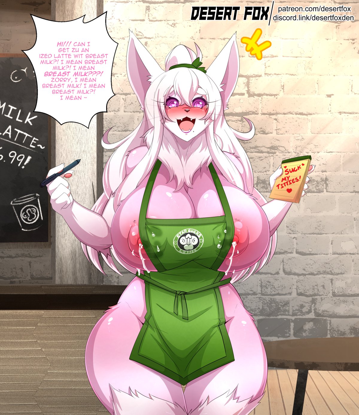 &lt;3 &lt;3_eyes 2021 anthro apron apron_only areola big_breasts blush bodily_fluids breasts clothing cute_fangs dialogue digital_media_(artwork) english_text female green_apron hair hearts_around_text hi_res holding_notebook holding_object holding_pen huge_breasts i_mean_breast_milk lactating mammal meme milk mostly_nude nipple_slip open_mouth open_smile pen pink_areola pink_body pink_eyes public public_exposure red_heart red_text sagestrike2_(artist) sakuya_(sagestrike2) shaded side_boob smile solo speech_bubble standing text text_on_apron text_on_clothing text_with_heart url white_hair white_text