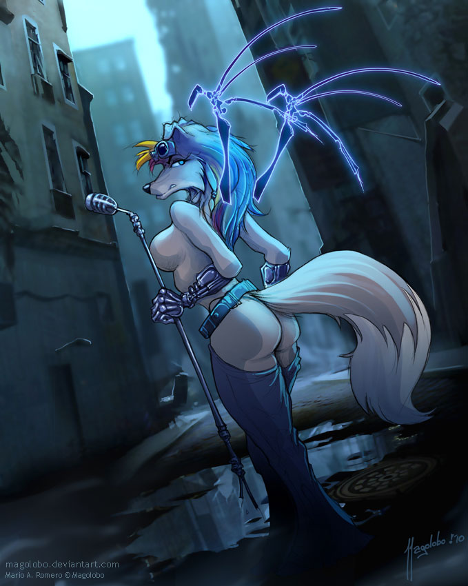 2010 anthro breasts butt canid canine censored city cityscape convenient_censorship female fluffy fluffy_tail magolobo mammal melee_weapon nude polearm side_boob solo staff text urban url weapon wings