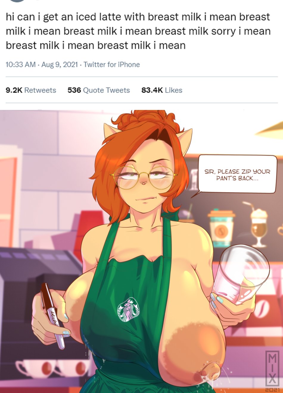 2021 annoyed anthro apron apron_only areola big_areola big_breasts big_nipples biped bodily_fluids breasts clothing coffee_shop detailed_background digital_media_(artwork) domestic_cat english_text eyewear felid feline felis female glasses green_apron green_eyes hair hi_res holding_glass holding_object holding_pen huge_areola huge_breasts i_mean_breast_milk katrina_fowler lactating lactating_through_clothing llmixll looking_at_viewer mammal meme milk mostly_nude nipples one_breast_out orange_hair pen public public_exposure puffy_areola shaded solo speech_bubble starbucks text watermark wet wet_clothing year