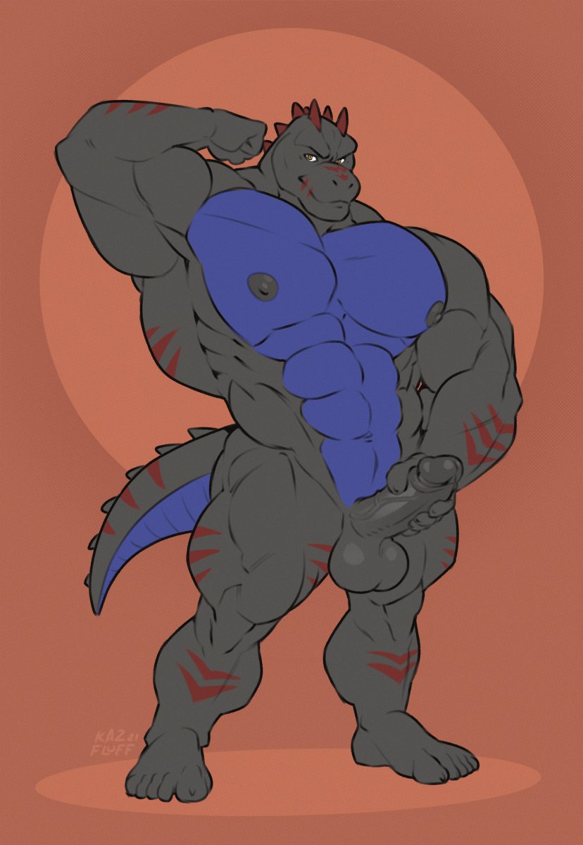 2021 abs alligator alligatorid anthro balls barazoku biceps big_muscles brown_background crocodilian dinosaur erection flexing genitals hi_res huge_muscles humanoid_genitalia humanoid_penis hybrid kazushi looking_at_viewer male masturbation muscular muscular_anthro muscular_male navel nipples nude obliques pecs penile penile_masturbation penis qaz reptile scalie simple_background solo standing