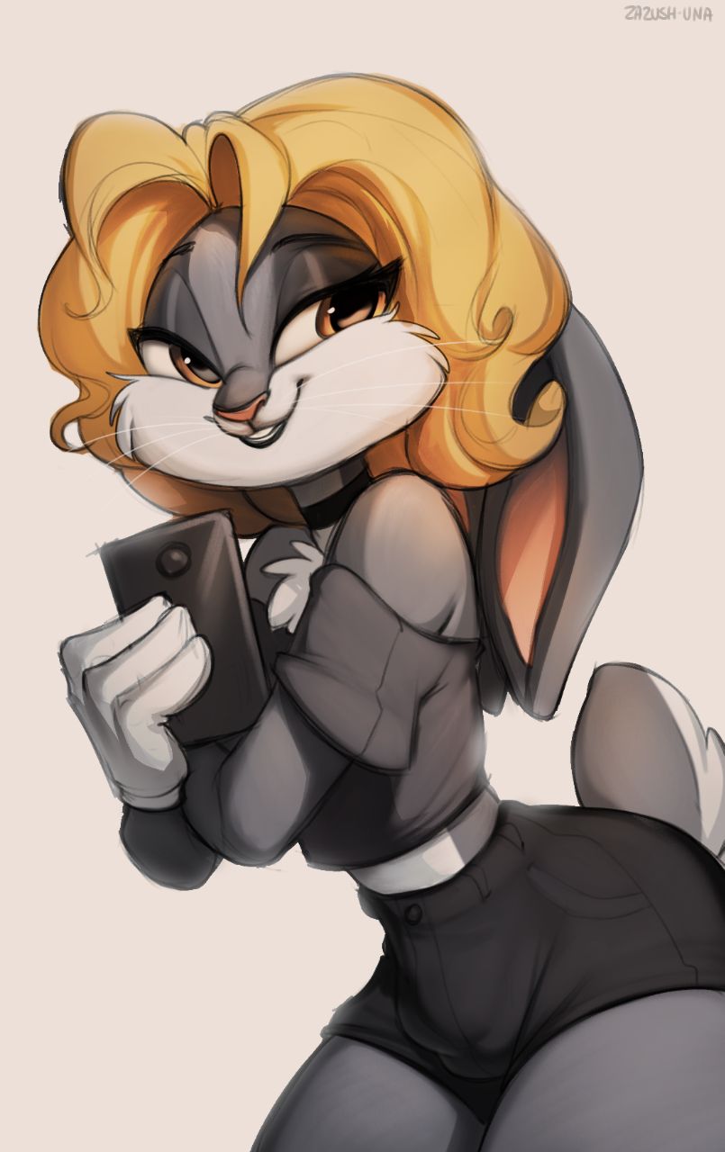 4_fingers anthro bugs_bunny bulge clothed clothing crossdressing eyebrows eyelashes fingers fur girly hair hi_res lagomorph leporid looney_tunes male mammal phone rabbit smile solo warner_brothers whiskers zazush-una