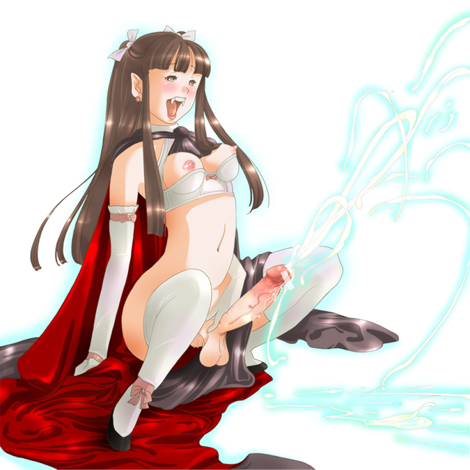 1girl arm_support blush breasts brown_eyes brown_hair cape cum cum_fountain ejaculation elbow_gloves erect_nipples fang fangs full-package_futanari futanari gloves long_hair masturbation navel nipples open_mouth penis pointy_ears projectile_cum revealing_clothes ribbon solo squatting testicles thighhighs useless_clothes vampire white_legwear yozora