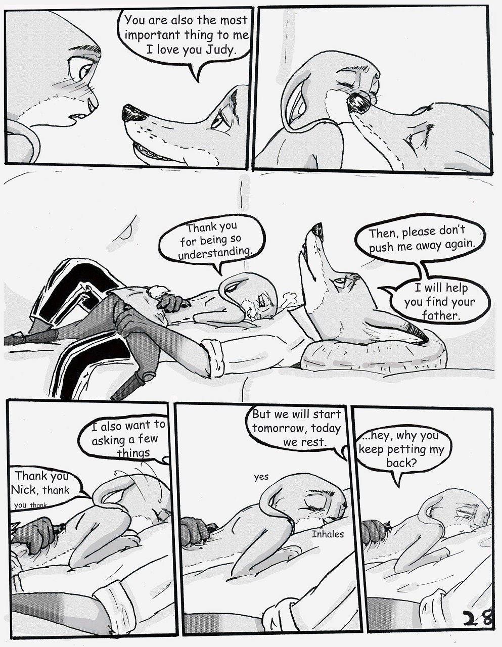 anthro blush canid canine caressing clothed clothing comic cuddling dialogue dipstick_ears disney duo ears_down english_text female fox fully_clothed fur furniture greyscale hi_res judy_hopps kissing lagomorph leporid lying male male/female mammal monochrome multicolored_ears nick_wilde on_back pillow pivoted_ears rabbit scut_tail short_tail sniffing sofa speech_bubble text the_gory_saint topless zootopia