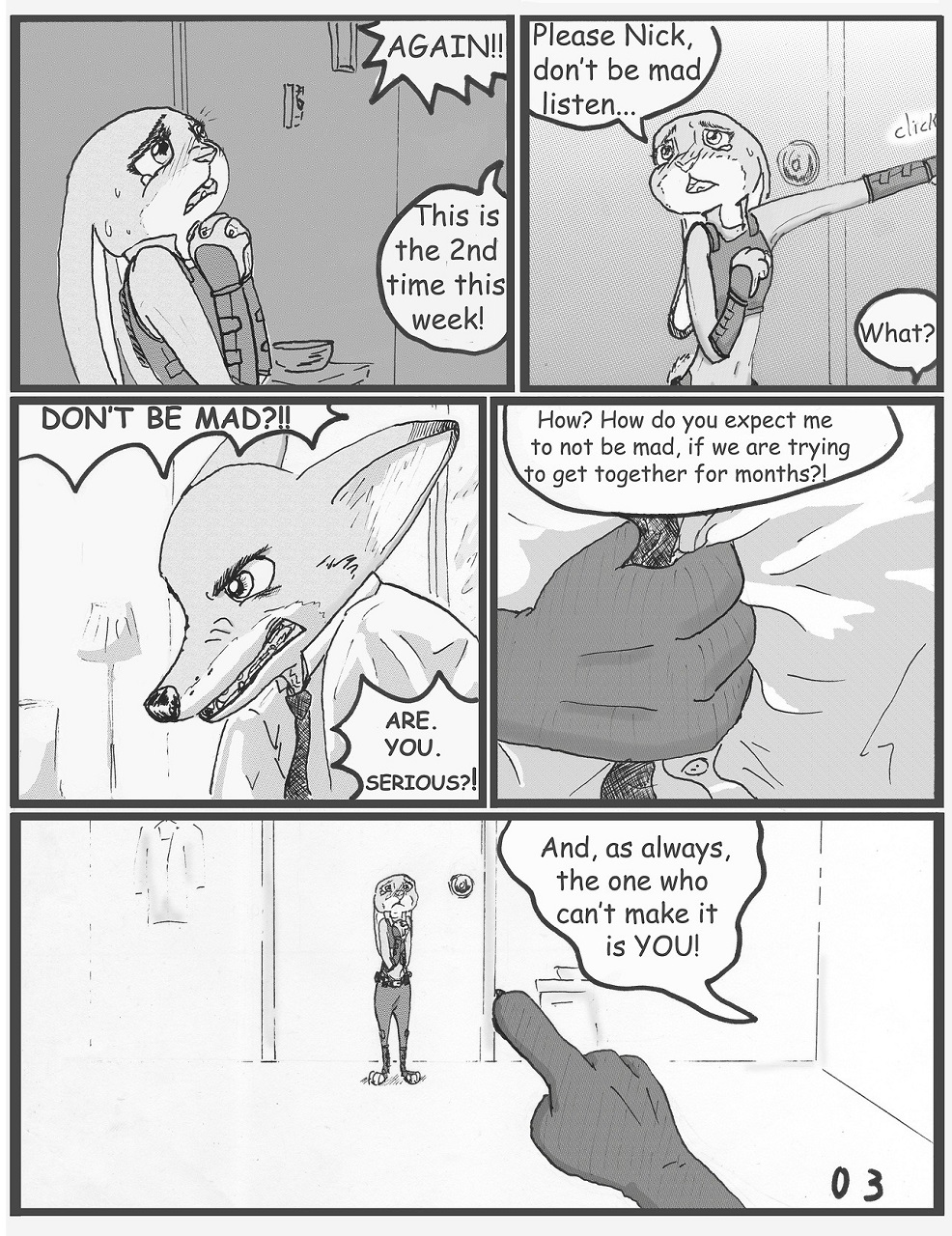 angry anthro blush bodily_fluids canid canine clothed clothing comic dialogue dipstick_ears disney duo english_text female fox fur greyscale hi_res judy_hopps lagomorph leporid male mammal monochrome multicolored_ears nick_wilde police_uniform rabbit sweat text the_gory_saint uniform zootopia