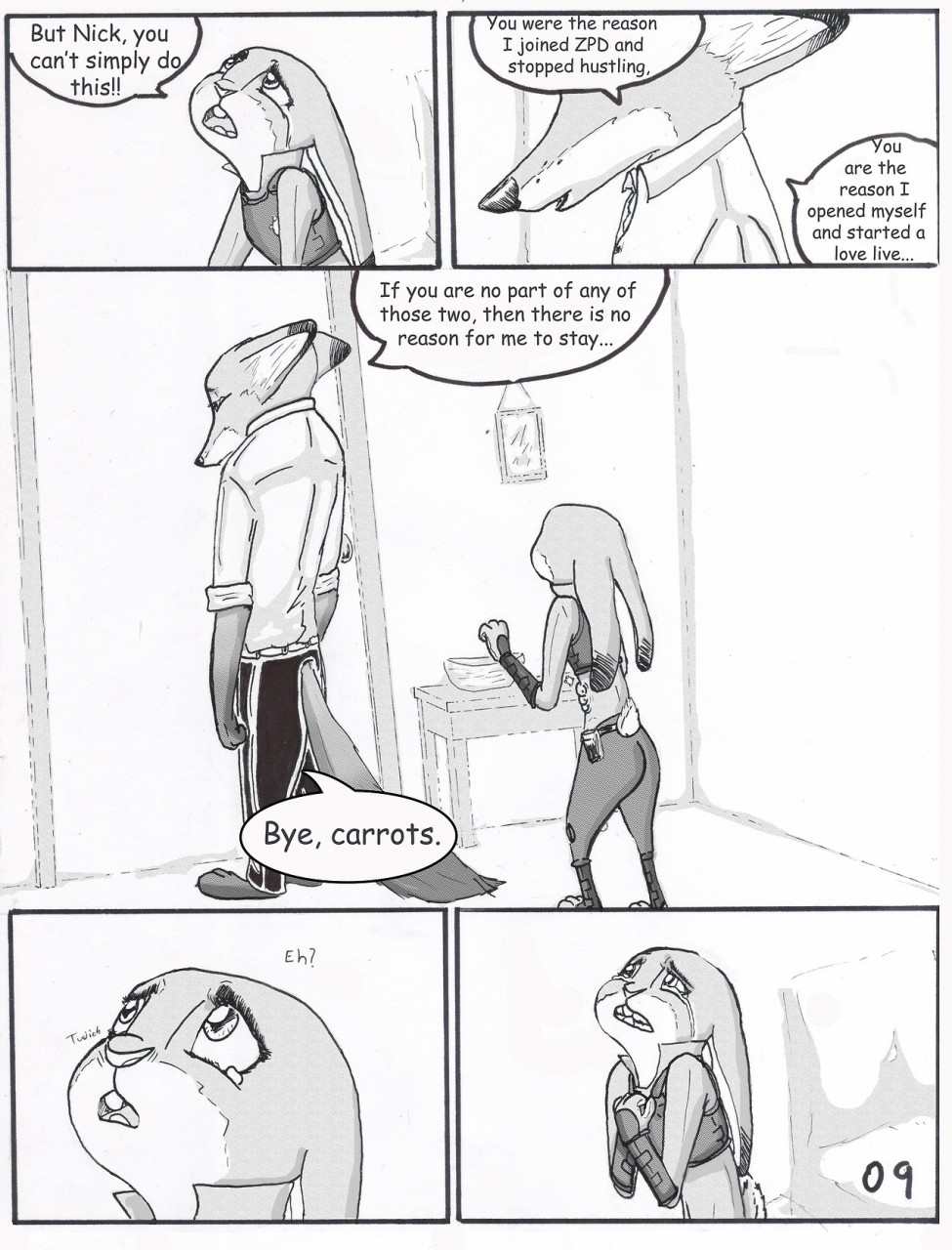 anthro bodily_fluids butt canid canine clothed clothing comic dialogue dipstick_ears disney duo english_text female fox hi_res judy_hopps lagomorph leporid male mammal multicolored_ears nick_wilde police_uniform rabbit rear_view scut_tail short_tail tears text the_gory_saint uniform zootopia