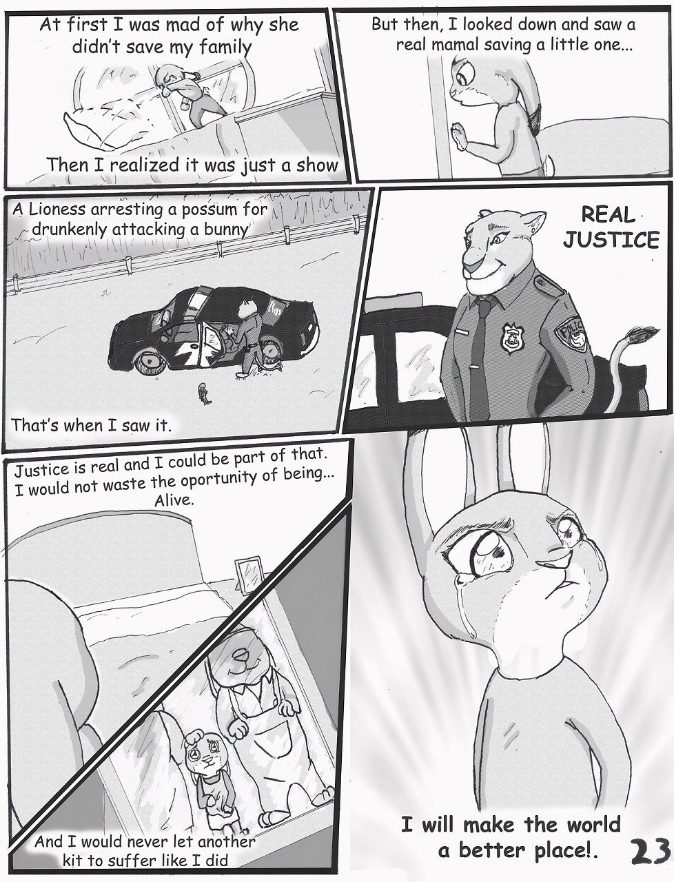 anthro bed bodily_fluids clothed clothing comic dialogue dipstick_ears disney english_text felid female furniture greyscale group hi_res judy_hopps lagomorph leporid lion mammal monochrome multicolored_ears pantherine pillow police_badge police_uniform rabbit scut_tail short_tail tail_tuft tears text the_gory_saint tuft uniform young zootopia