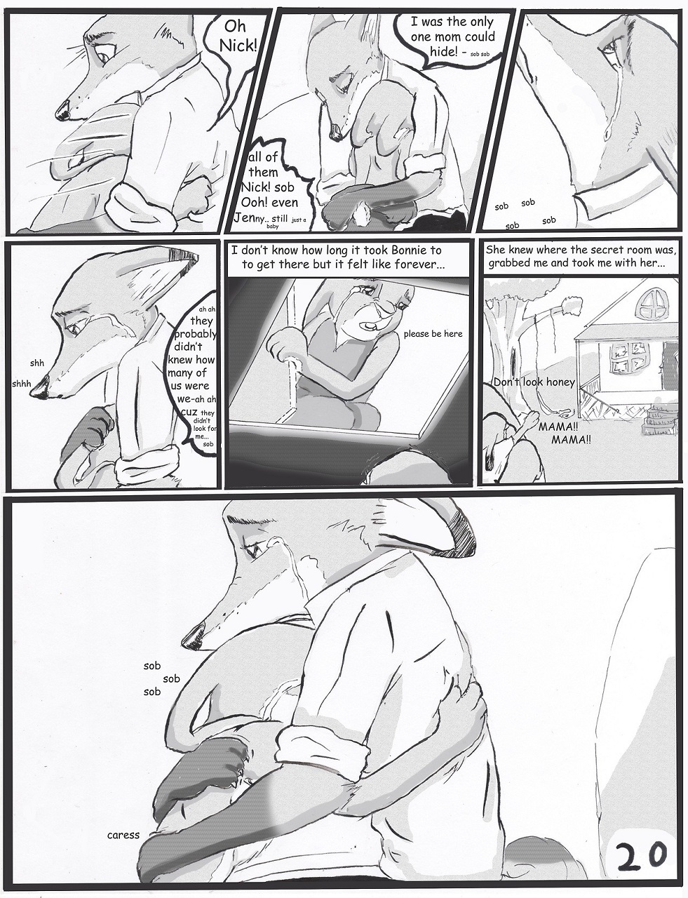 anthro bodily_fluids bonnie_hopps building canid canine clothed clothing comic crying dialogue dipstick_ears disney embrace english_text female fox fur furniture greyscale group hi_res house hug inside judy_hopps lagomorph leporid male male/female mammal monochrome multicolored_ears nick_wilde outside rabbit scut_tail short_tail sofa tears text the_gory_saint topless zootopia