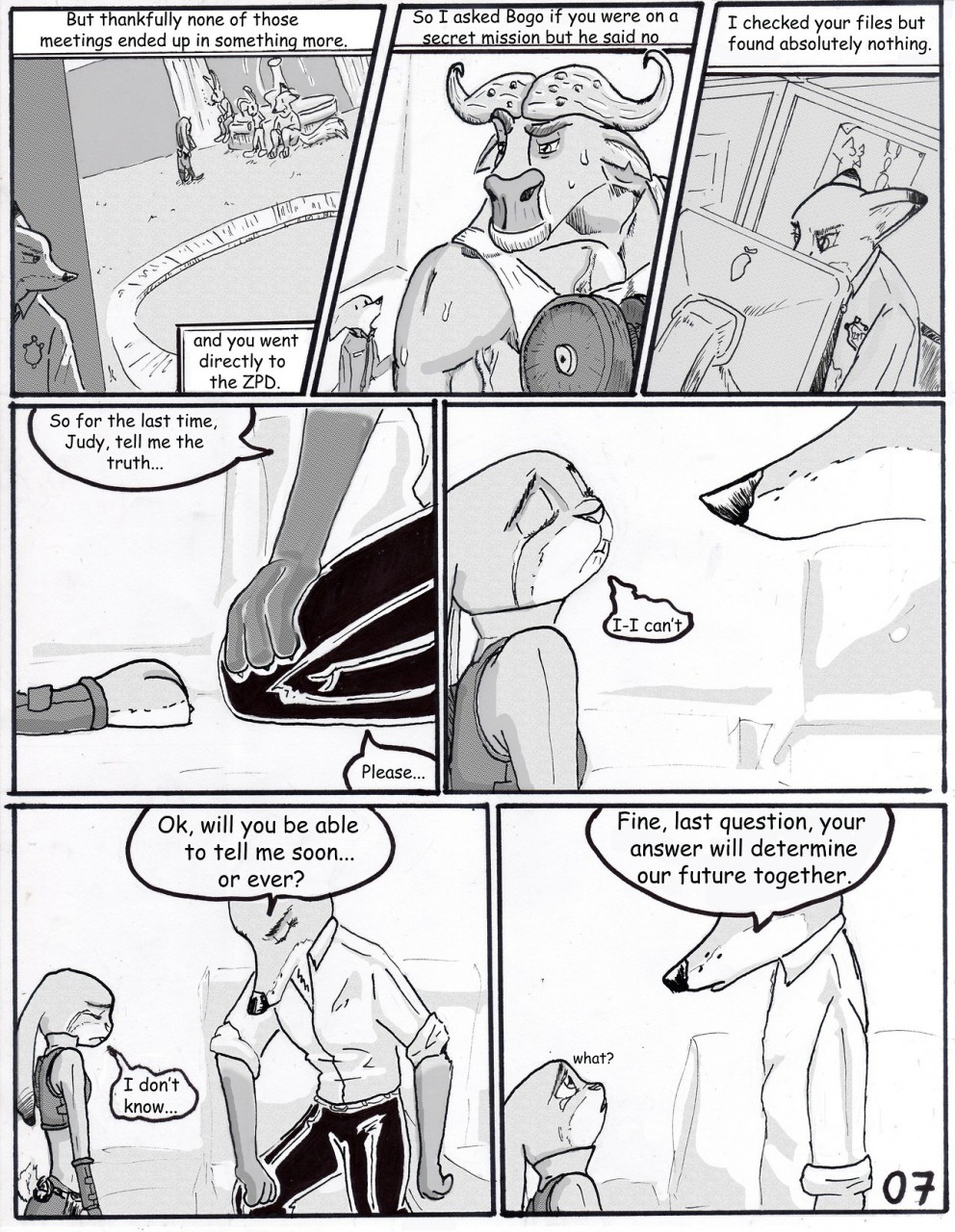 anthro bovid bovine canid canine cape_buffalo chief_bogo clothed clothing comic computer dialogue dipstick_ears disney english_text female fox fur greyscale group hi_res judy_hopps kneeling lagomorph leporid male mammal monochrome multicolored_ears nick_wilde police_uniform rabbit scut_tail shirt short_tail tank_top text the_gory_saint topwear uniform zootopia