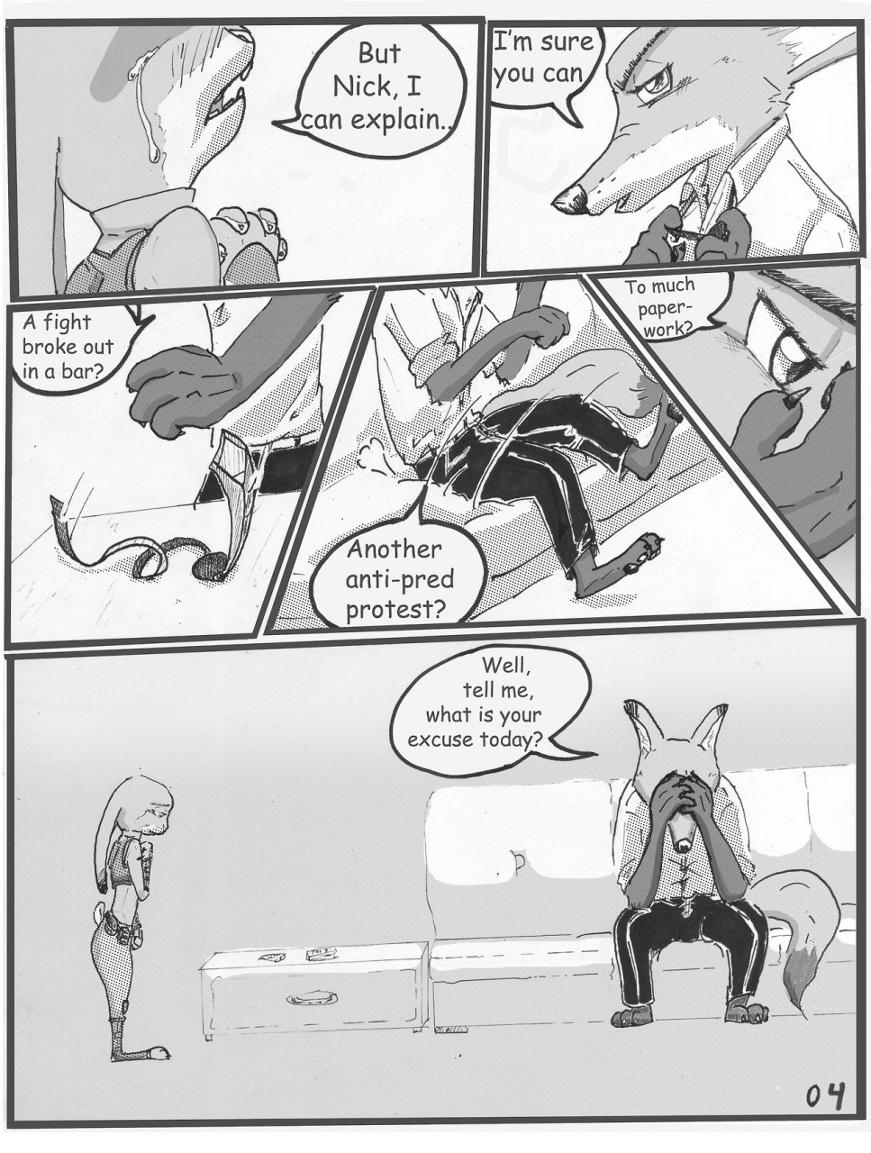 angry anthro bodily_fluids canid canine clothed clothing comic crying dialogue dipstick_ears disney duo english_text female fox fur furniture greyscale hi_res judy_hopps lagomorph leporid male mammal monochrome multicolored_ears necktie nick_wilde police_uniform rabbit sofa tears text the_gory_saint uniform zootopia