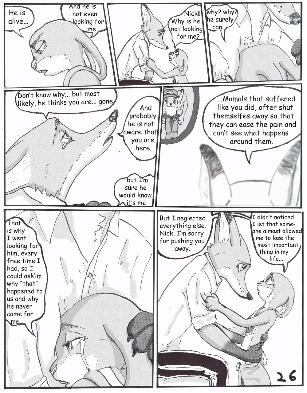 anthro bodily_fluids canid canine clothed clothing comic dialogue dipstick_ears disney duo english_text female fox fur greyscale hi_res judy_hopps lagomorph leporid male male/female mammal monochrome multicolored_ears nick_wilde rabbit sitting tears text the_gory_saint topless young zootopia