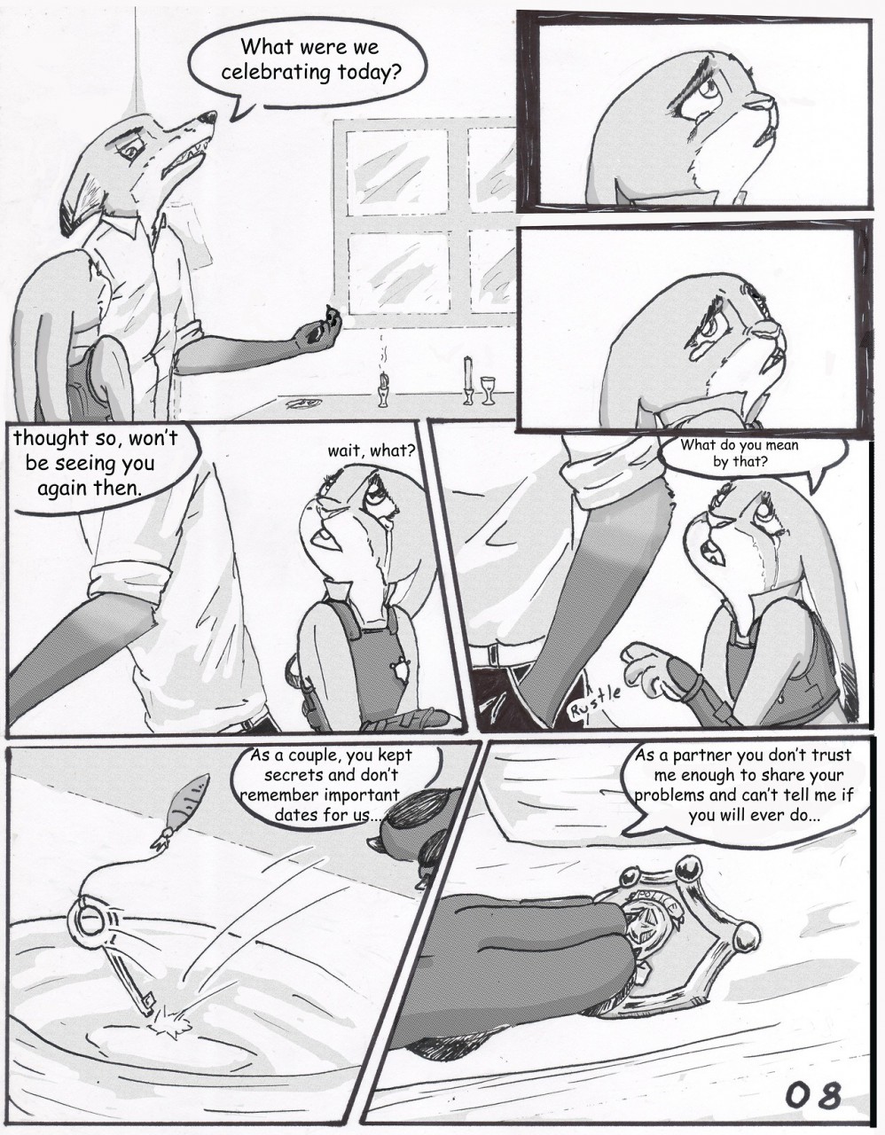 anthro bodily_fluids canid canine clothed clothing comic dialogue dipstick_ears disney duo english_text female fox fur furniture hi_res judy_hopps key lagomorph leporid male mammal multicolored_ears nick_wilde police_badge police_uniform rabbit table tears text the_gory_saint uniform zootopia