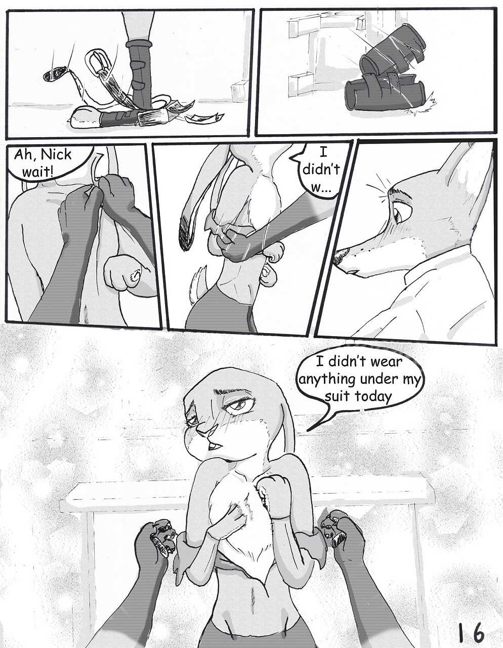 anthro assisted_exposure bedroom_eyes blush canid canine chest_tuft clothed clothing comic covering covering_chest covering_self dialogue dipstick_ears disney duo english_text female fox fur greyscale hi_res judy_hopps lagomorph leporid male male/female mammal monochrome multicolored_ears narrowed_eyes navel_outline nick_wilde rabbit seductive text the_gory_saint tuft undressing zootopia