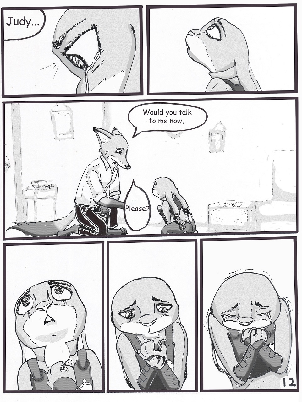 anthro bodily_fluids canid canine clothed clothing comic crying dialogue dipstick_ears disney duo english_text female fox furniture greyscale hi_res judy_hopps lagomorph leporid male mammal monochrome multicolored_ears nick_wilde police_uniform rabbit scut_tail short_tail tears text the_gory_saint uniform zootopia