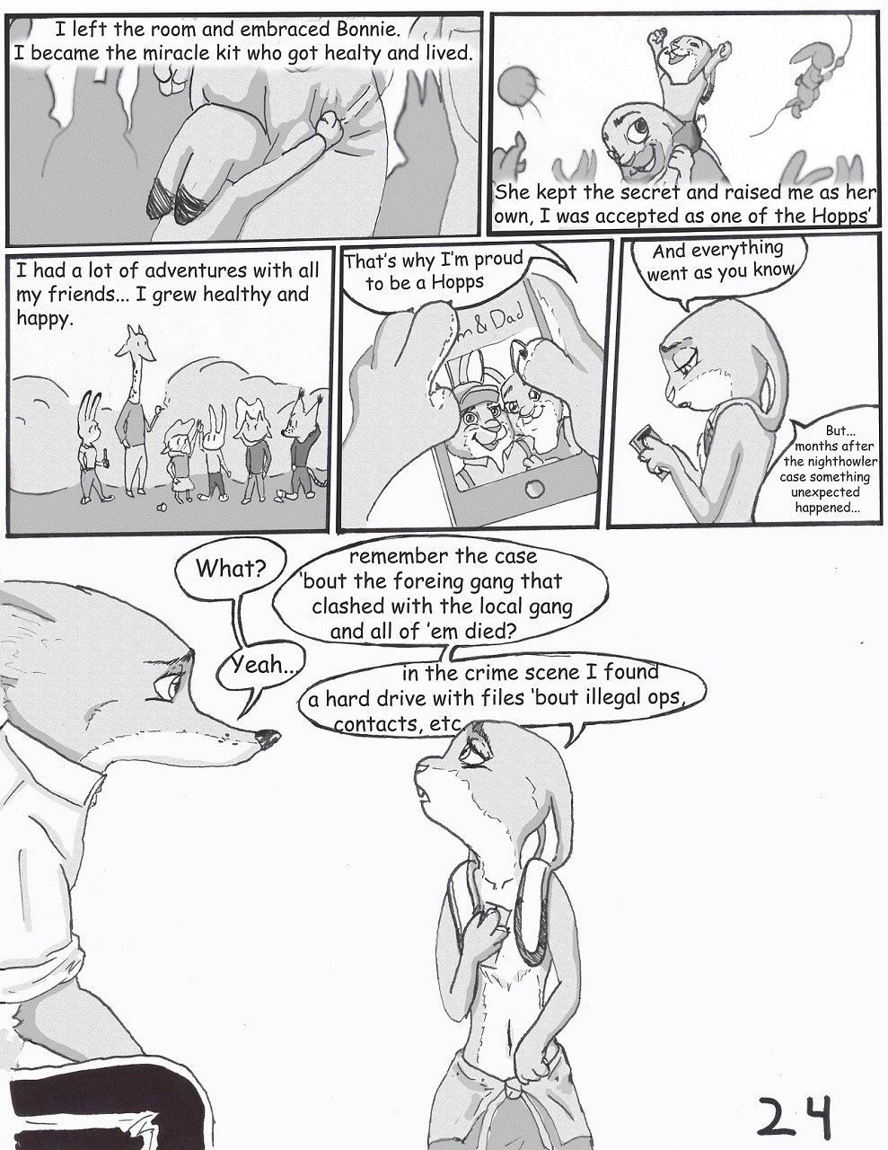 anthro bonnie_hopps canid canine cellphone clothed clothing comic dialogue dipstick_ears disney english_text felid feline female fox fur furniture giraffe giraffid greyscale group hi_res judy_hopps lagomorph leporid lynx male male/female mammal monochrome multicolored_ears navel nick_wilde outside phone rabbit sitting stu_hopps text the_gory_saint topless young zootopia