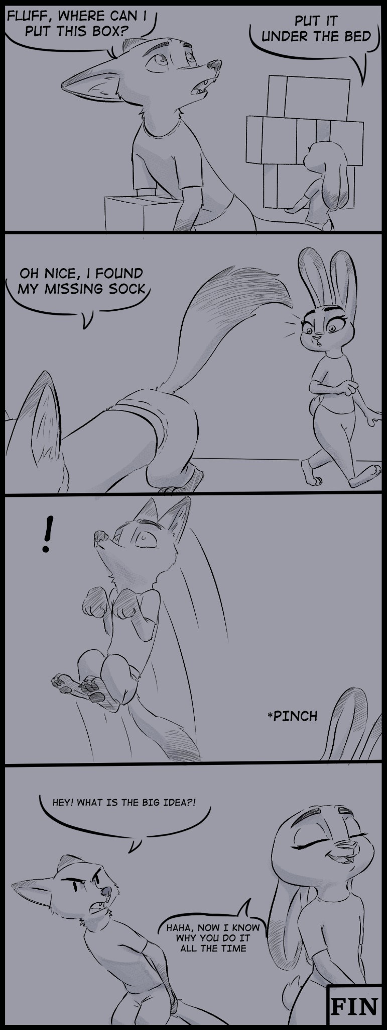 ! anthro ass_up canid canine clothed clothing comic dialogue dipstick_ears dipstick_tail disney duo english_text female fox gloves_(marking) hi_res judy_hopps lagomorph leporid male mammal markings multicolored_ears multicolored_tail nick_wilde open_mouth pawpads rabbit scut_tail short_tail tail_markings text the_gory_saint zootopia