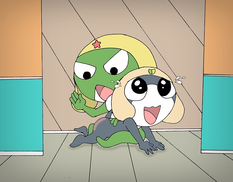amphibian angry discipline duo happy keronian keroro looking_at_butt male male/male nelson88 on_lap open_mouth punishment sgt._frog side_butt spanked_butt spanking tamama