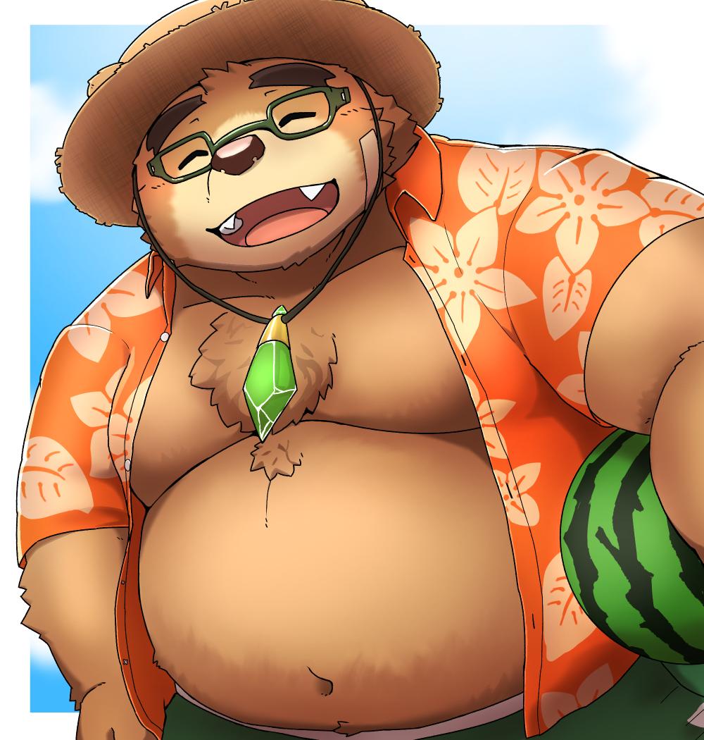 2021 anhrmgzo anthro belly bottomwear brown_body brown_fur clothed clothing eyes_closed eyewear food fruit fur glasses hat headgear headwear kemono lifewonders male mammal melon moobs navel open_clothing open_shirt open_topwear overweight overweight_male plant shirt shorts solo straw_hat tokyo_afterschool_summoners topwear ursid video_games volos watermelon
