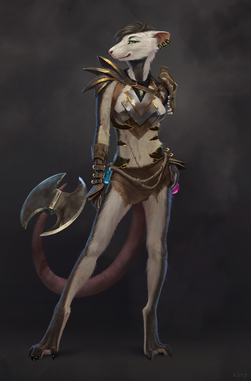 2021 anthro armor axe breastplate breasts clothed clothing conditional_dnp digital_media_(artwork) ear_piercing ear_ring eyebrows eyelashes feet female fingers fur gloves grey_body grey_fur handwear hi_res latex_(artist) mammal melee_weapon murid murine piercing potion rat rodent shoulder_plates simple_background smile solo standing toes unconvincing_armor weapon