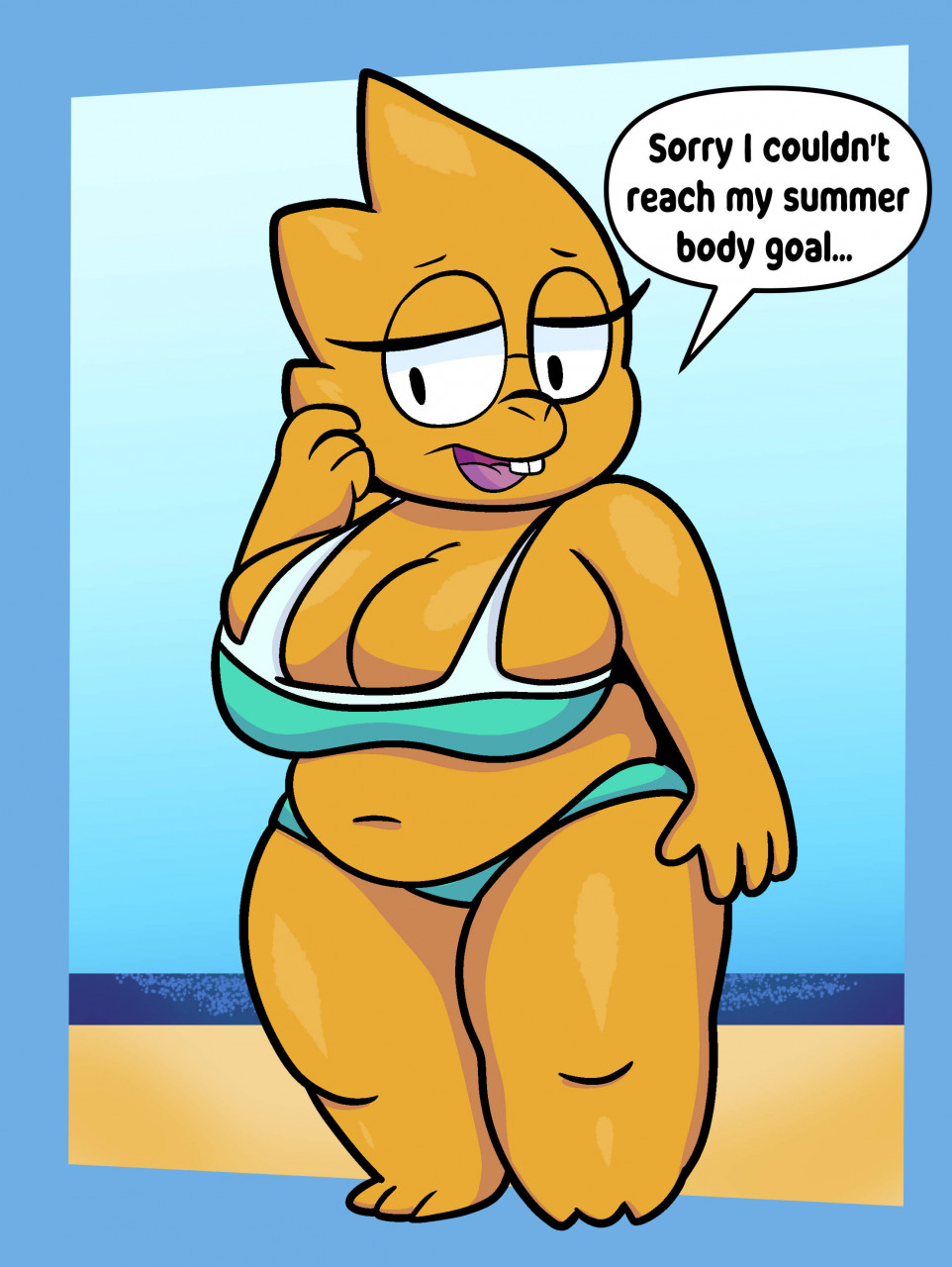 alphys anthro beach belly big_breasts bikini blue_border border breasts buckteeth cankles chubby_anthro chubby_female cleavage clothed clothing curvy_figure deep_navel dialogue english_text eyewear female front_view glasses hi_res huge_breasts lizard love_handles navel non-mammal_breasts open_mouth open_smile outside overweight overweight_anthro overweight_female reptile scales scalie scratching_head seaside short_stack skimpy slightly_chubby smile solo someth1ngoranother speech_bubble standing swimwear teeth text thick_thighs undertale undertale_(series) video_games voluptuous water wide_hips yellow_body yellow_scales