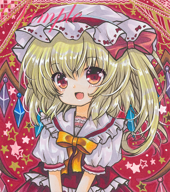 1girl :d blonde_hair cowboy_shot crystal eyebrows_visible_through_hair fang flandre_scarlet frilled_shirt_collar frills hair_between_eyes hat hat_ribbon long_hair looking_at_viewer marker_(medium) mob_cap neck_ribbon open_mouth puffy_short_sleeves puffy_sleeves red_background red_eyes red_ribbon red_skirt red_vest ribbon rui_(sugar3) sample shirt short_sleeves side_ponytail skin_fang skirt skirt_set smile solo touhou traditional_media v_arms vest white_headwear white_shirt wings yellow_ribbon