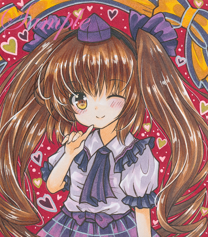 1girl ascot blush brown_hair closed_mouth cowboy_shot eyebrows_visible_through_hair finger_to_mouth frilled_shirt_collar frills hat heart heart_background himekaidou_hatate long_hair looking_at_viewer marker_(medium) one_eye_closed plaid plaid_skirt puffy_short_sleeves puffy_sleeves purple_ascot purple_headwear purple_skirt red_background rui_(sugar3) sample shirt short_sleeves skirt smile solo tokin_hat touhou traditional_media twintails white_shirt yellow_eyes