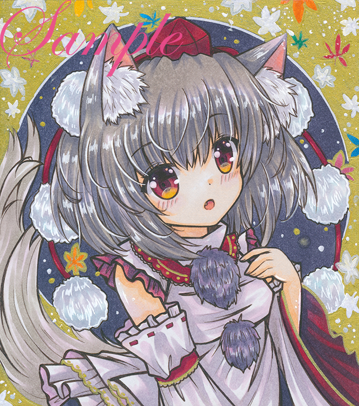 1girl :o animal_ear_fluff animal_ears bare_shoulders blush breasts detached_sleeves eyebrows_visible_through_hair fang grey_hair hat inubashiri_momiji looking_at_viewer marker_(medium) medium_breasts medium_hair open_mouth pom_pom_(clothes) red_eyes red_headwear ribbon-trimmed_sleeves ribbon_trim rui_(sugar3) sample shirt sleeveless sleeveless_shirt solo tail tokin_hat touhou traditional_media upper_body white_shirt wide_sleeves wolf_ears wolf_tail