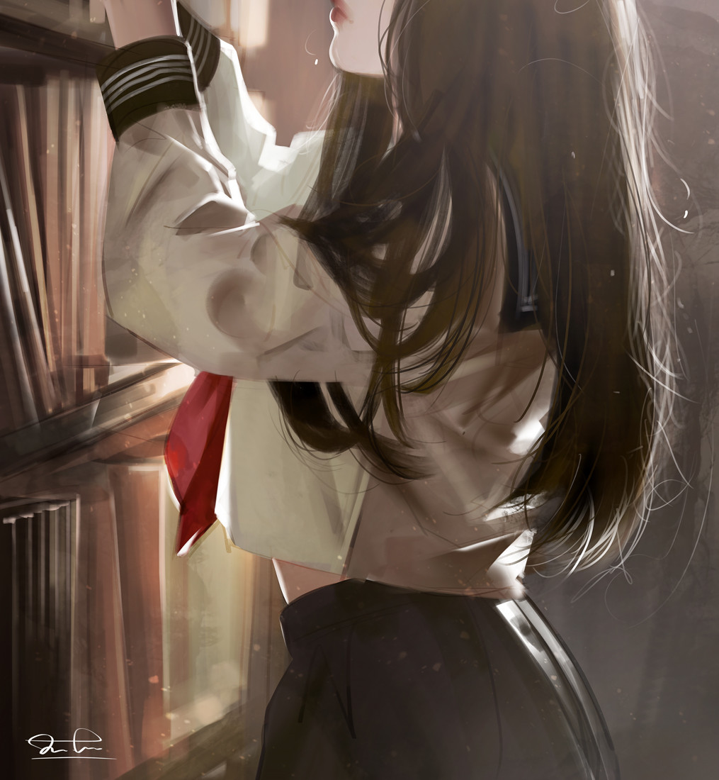 1girl book bookshelf brown_hair commentary english_commentary from_side hands_up head_out_of_frame indoors long_hair long_sleeves neckerchief original pleated_skirt profile razaras red_lips red_neckerchief school_uniform serafuku signature skirt solo upper_body
