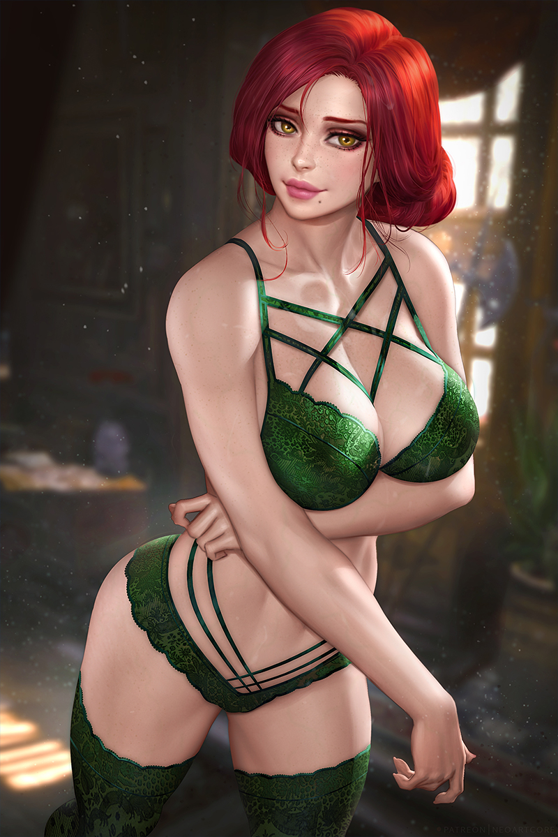 1girl blurry blurry_background bra breasts cleavage cowboy_shot green_bra green_legwear green_panties large_breasts looking_at_viewer medium_hair mole mole_under_mouth neoartcore panties red_hair smile solo the_witcher_(series) the_witcher_3 thighhighs triss_merigold underwear underwear_only yellow_eyes