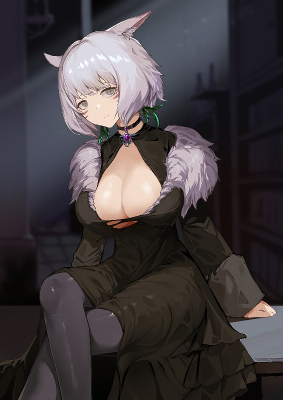1girl animal_ears arms_behind_back black_choker black_dress black_legwear blurry blurry_background bookshelf breasts cat_ears cat_girl center_opening choker cleavage closed_mouth commentary_request crossed_legs dress expressionless facial_mark final_fantasy final_fantasy_xiv frown fur_trim gem grey_eyes grey_hair jewelry large_breasts looking_at_viewer miqo'te shiny shiny_hair short_hair sitting slit_pupils whisker_markings y'shtola_rhul zzp