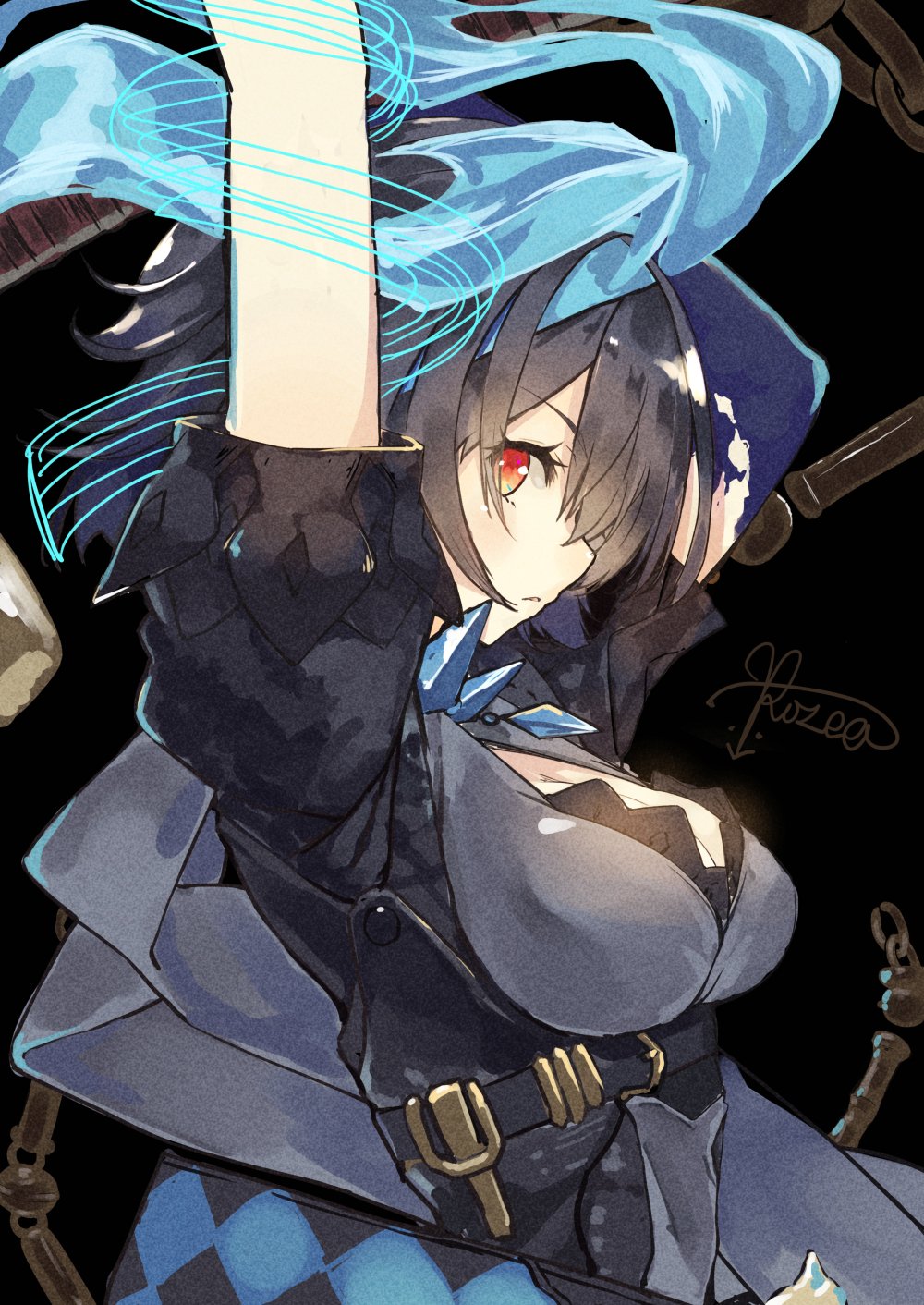 1girl alice_(sinoalice) bangs black_background blue_dress blue_hair bob_cut breasts cleavage closed_mouth dress hands_up headband highres looking_at_viewer looking_to_the_side red_eyes rozea_(graphmelt) short_hair short_sleeves signature simple_background sinoalice solo