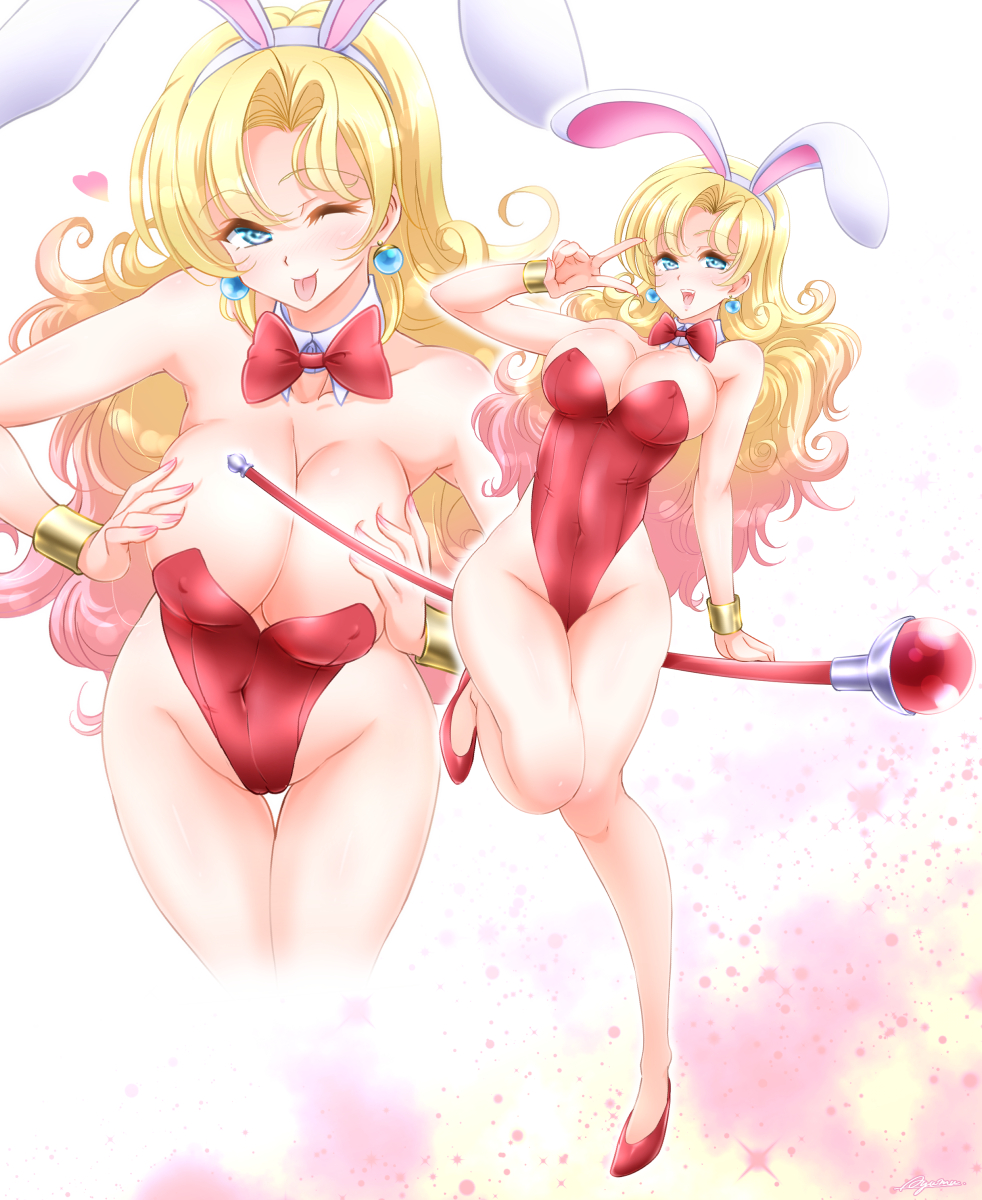 1girl animal_ears ayumu_(ayumumkrg) bare_legs blonde_hair bow bowtie breasts cleavage commentary_request cowboy_shot detached_collar dragon_quest dragon_quest_iii dragon_quest_iv earrings full_body green_eyes high_heels highleg highleg_leotard highres jester_(dq3) jewelry large_breasts leaning_forward leotard long_hair looking_at_viewer pantyhose playboy_bunny rabbit_ears rabbit_tail red_bow red_bowtie red_footwear red_leotard solo sparkle_background staff strapless strapless_leotard tail tongue tongue_out vivian_(dq4) wrist_cuffs