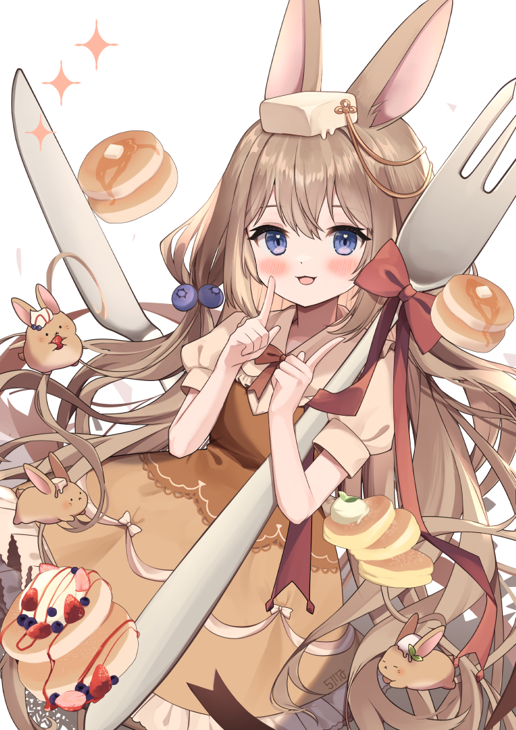1girl :d animal animal_ears bangs blueberry_hair_ornament blush bow brown_dress brown_hair brown_shirt bunny butter collared_shirt commentary_request dress dress_shirt eyebrows_visible_through_hair food food-themed_hair_ornament food_on_head fork frilled_dress frills fruit goma_(u_p) hair_between_eyes hair_ornament hands_up knife long_hair object_on_head original oversized_object pancake puffy_short_sleeves puffy_sleeves rabbit_ears red_bow shirt short_sleeves simple_background sleeveless sleeveless_dress smile solo sparkle stack_of_pancakes strawberry very_long_hair white_background