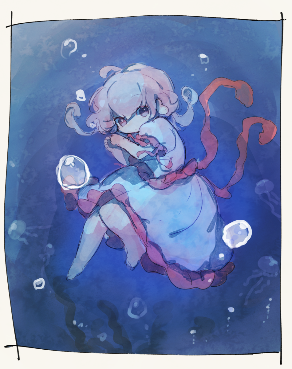 1girl :o ahoge air_bubble ashiyu_(ashu-ashu) backlighting bangs barefoot beige_border blonde_hair blue_theme border bubble ebisu_eika eyes_visible_through_hair floating_hair frilled_sleeves frills from_side full_body hair_between_eyes hands_up highres jellyfish leg_up long_earlobes long_hair looking_at_viewer looking_to_the_side parted_lips puffy_short_sleeves puffy_sleeves purple_eyes shade short_sleeves solo touhou underwater