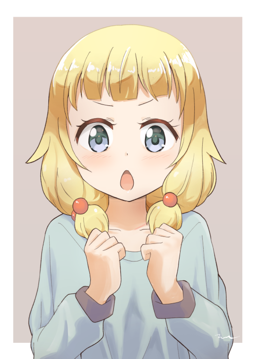 1girl aayh bangs blonde_hair blue_shirt blush brown_background comiket_99 commentary_request grey_eyes hair_bobbles hair_ornament hair_over_shoulder hands_up long_sleeves looking_at_viewer low_twintails new_game! open_mouth sakura_nene shirt solo twintails two-tone_background v-shaped_eyebrows white_background