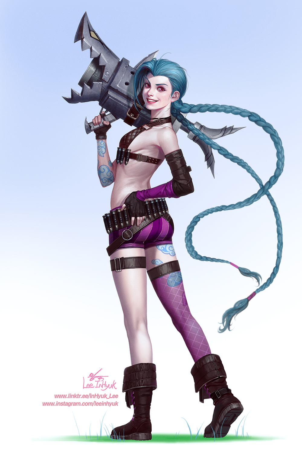 1girl arm_tattoo ass bangs bare_shoulders belt braid breasts bullet fingerless_gloves from_side full_body gloves gradient gradient_background grin hand_on_hip highres holding holding_weapon in-hyuk_lee jinx_(league_of_legends) league_of_legends leg_tattoo long_hair medium_breasts rocket_launcher shorts sideboob signature single_thighhigh smile solo standing striped striped_shorts tattoo teeth thigh_strap thighhighs twin_braids very_long_hair weapon web_address