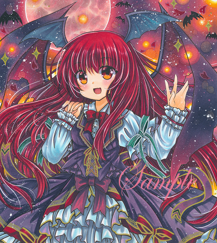 1girl :d bat bat_wings black_wings bow bowtie breasts cowboy_shot eyebrows_visible_through_hair fang frilled_sleeves frills green_ribbon hair_between_eyes head_wings juliet_sleeves koakuma layered_skirt long_hair long_sleeves looking_at_viewer marker_(medium) moon open_mouth orange_eyes petals puffy_sleeves purple_skirt purple_vest red_bow red_bowtie red_hair red_moon red_theme ribbon rui_(sugar3) sample shirt skin_fang skirt sleeve_ribbon small_breasts smile solo striped striped_ribbon touhou traditional_media very_long_hair vest white_shirt wings