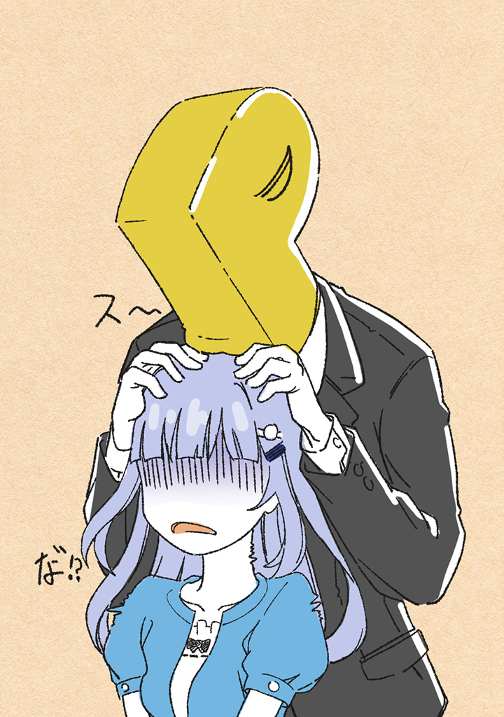 1boy 1girl bangs blunt_bangs faceless faceless_female formal hands_on_another's_head head_on_head head_rest idolmaster idolmaster_million_live! light_blue_hair p-head_producer producer_(idolmaster) shiraishi_tsumugi simple_background smelling suit takahashi_ren trembling turn_pale upper_body