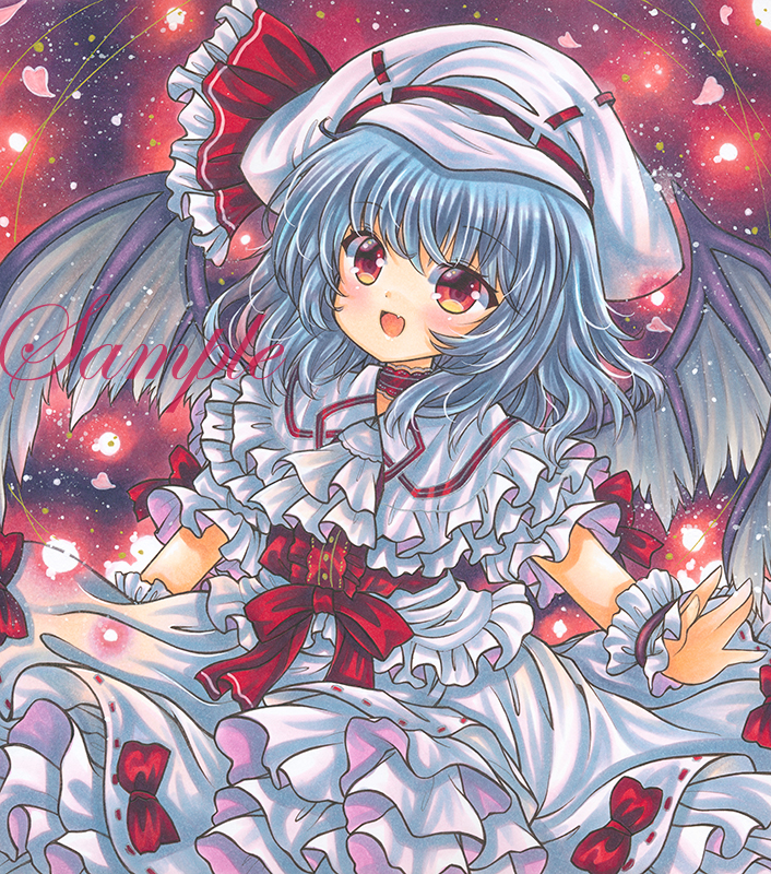 1girl :d alternate_costume bat_wings black_wings capelet eyebrows_visible_through_hair fang frilled_ribbon frilled_shirt frilled_skirt frills hair_between_eyes hat hat_ribbon head_tilt light_blue_hair looking_at_viewer marker_(medium) medium_hair mob_cap open_mouth outstretched_arms puffy_short_sleeves puffy_sleeves red_eyes red_ribbon remilia_scarlet ribbon rui_(sugar3) sample shirt short_sleeves skin_fang skirt smile solo spread_arms touhou traditional_media white_capelet white_headwear white_shirt white_skirt wings wrist_cuffs