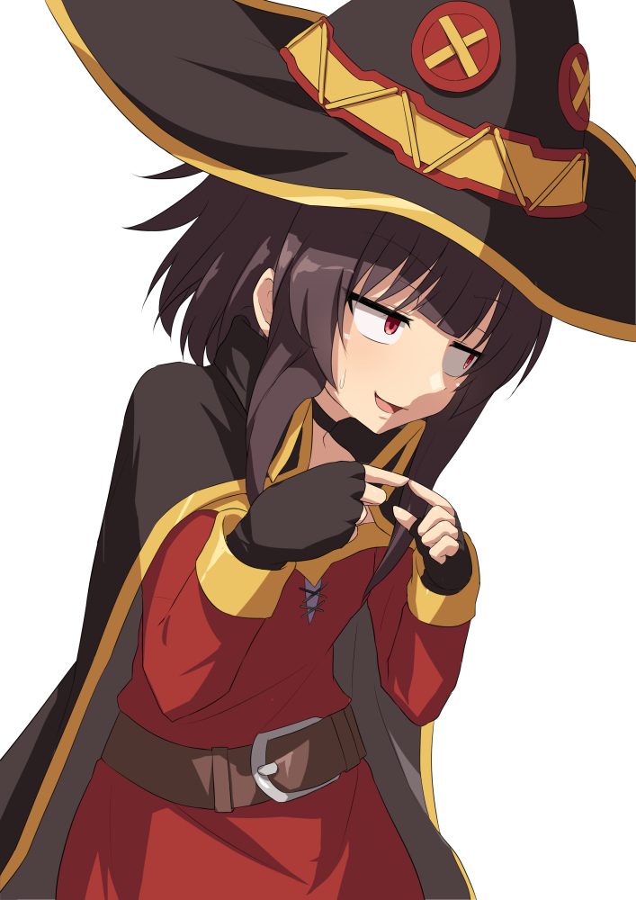 1girl bangs belt belt_buckle black_cape black_gloves blunt_bangs breasts brown_belt brown_hair buckle cape commentary dress embarrassed fingerless_gloves fingers_together gloves hat kono_subarashii_sekai_ni_shukufuku_wo! looking_away megumin open_mouth red_dress red_eyes sanpaku short_hair short_hair_with_long_locks sidelocks simple_background small_breasts smile solo sweatdrop umarutsufuri upper_body white_background witch_hat