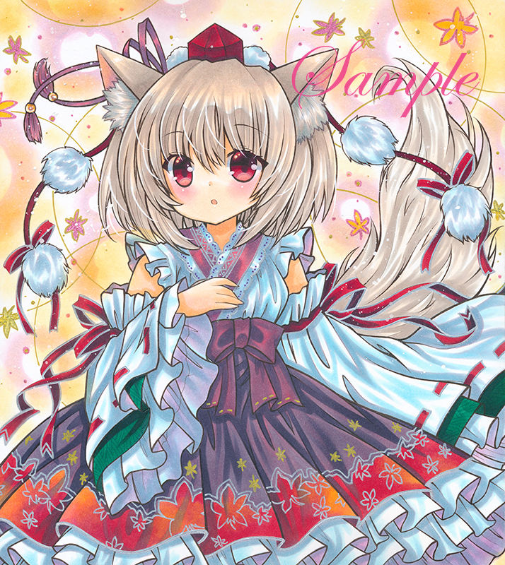 1girl :o animal_ear_fluff animal_ears autumn_leaves bow breasts cowboy_shot detached_sleeves eyebrows_visible_through_hair frilled_skirt frilled_sleeves frills hair_between_eyes hair_ribbon hat inubashiri_momiji leaf leaf_background leaf_print light_brown_hair looking_at_viewer marker_(medium) medium_hair open_mouth pom_pom_(clothes) print_skirt purple_bow purple_ribbon purple_skirt red_eyes red_headwear red_ribbon ribbon ribbon-trimmed_sleeves ribbon_trim rui_(sugar3) sample shirt skirt sleeve_ribbon sleeveless sleeveless_shirt small_breasts solo tail tassel tokin_hat touhou traditional_media white_shirt wide_sleeves wolf_ears wolf_tail
