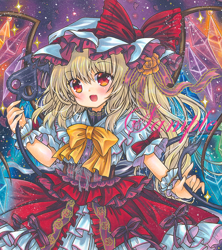 1girl :d blonde_hair blue_background bow bowtie brown_corset buttons cowboy_shot crystal eyebrows_visible_through_hair fang flandre_scarlet floral_print frilled_hat frilled_shirt_collar frills hair_between_eyes hat hat_ribbon holding holding_wand laevatein_(touhou) long_hair looking_at_viewer marker_(medium) mob_cap multicolored_background open_mouth print_skirt puffy_short_sleeves puffy_sleeves purple_background red_eyes red_ribbon red_skirt ribbon rose_print rui_(sugar3) sample shirt short_sleeves side_ponytail skirt smile solo touhou traditional_media wand white_headwear white_shirt wings yellow_bow yellow_bowtie