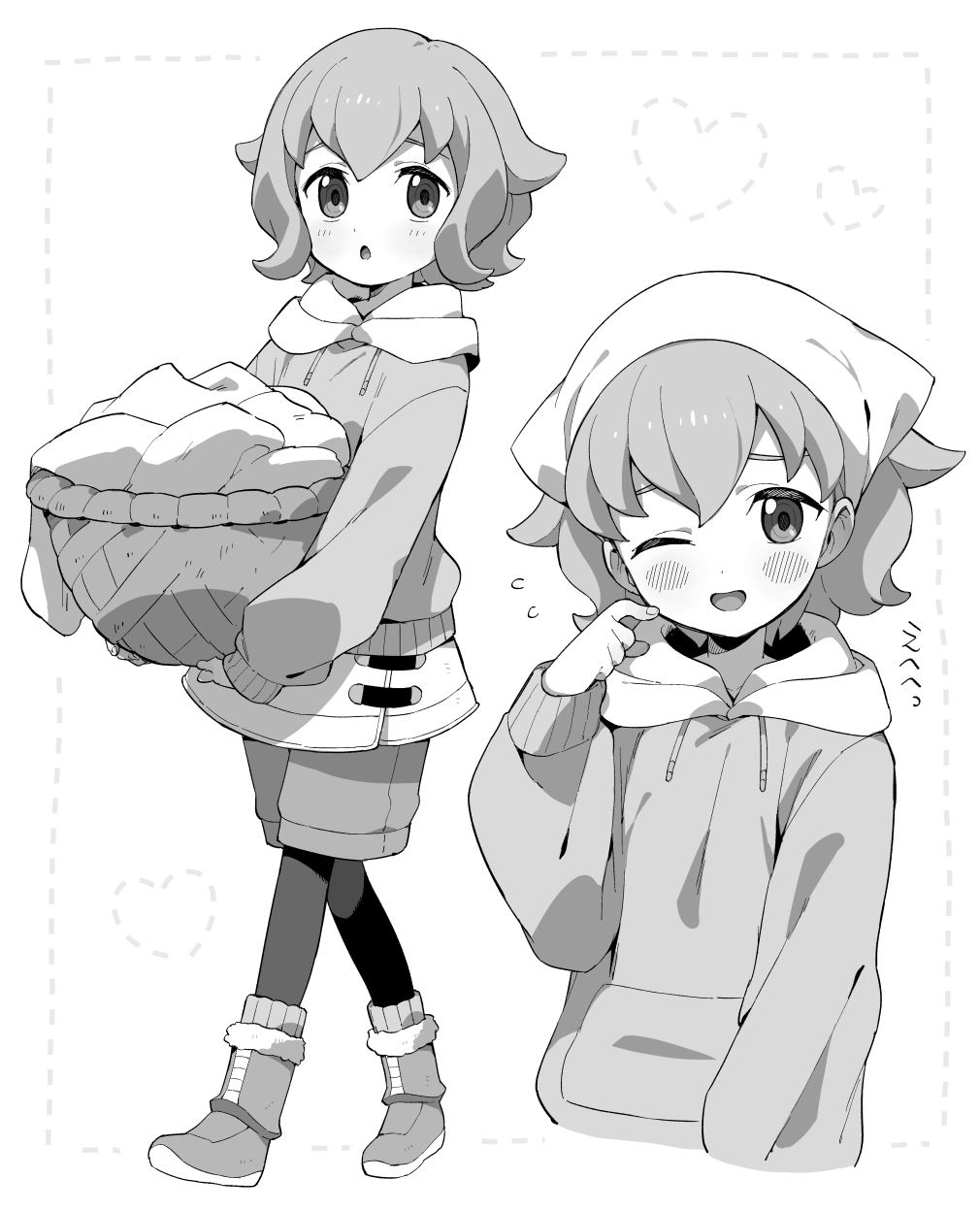 1girl atra_mixta basket blush boots border fingernails flying_sweatdrops fur-trimmed_boots fur-trimmed_footwear fur_trim greyscale gundam gundam_tekketsu_no_orphans hatching_(texture) heart highres holding holding_basket hood hood_down hoodie looking_at_viewer monochrome moyori multiple_views one_eye_closed open_mouth pantyhose short_hair shorts skirt sleeves_past_wrists sweat sweatdrop tongue triangle_mouth walking