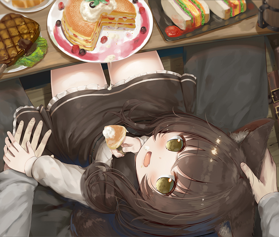 1boy 1girl :d animal_ear_fluff animal_ears bangs black_dress blush brown_hair commentary_request cup dress eating eyebrows_visible_through_hair fang food food_on_face fork fox_ears fox_girl from_above green_eyes hair_between_eyes holding indoors long_hair long_sleeves onigiri open_mouth original petting plate psyche3313 sandwich sitting sitting_on_lap sitting_on_person smile solo_focus steak table tail