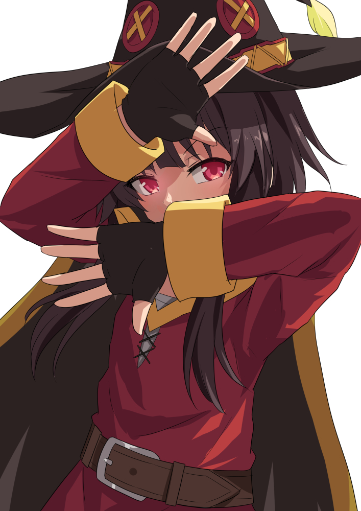 1girl arms_up bangs belt belt_buckle black_cape black_gloves black_headwear blunt_bangs breasts brown_belt brown_hair buckle cape commentary covering_face covering_mouth dress eyebrows_visible_through_hair fingerless_gloves gloves hat kono_subarashii_sekai_ni_shukufuku_wo! long_sleeves looking_at_viewer loose_belt megumin open_hands red_dress red_eyes short_hair short_hair_with_long_locks simple_background small_breasts solo spread_fingers umarutsufuri upper_body white_background witch_hat