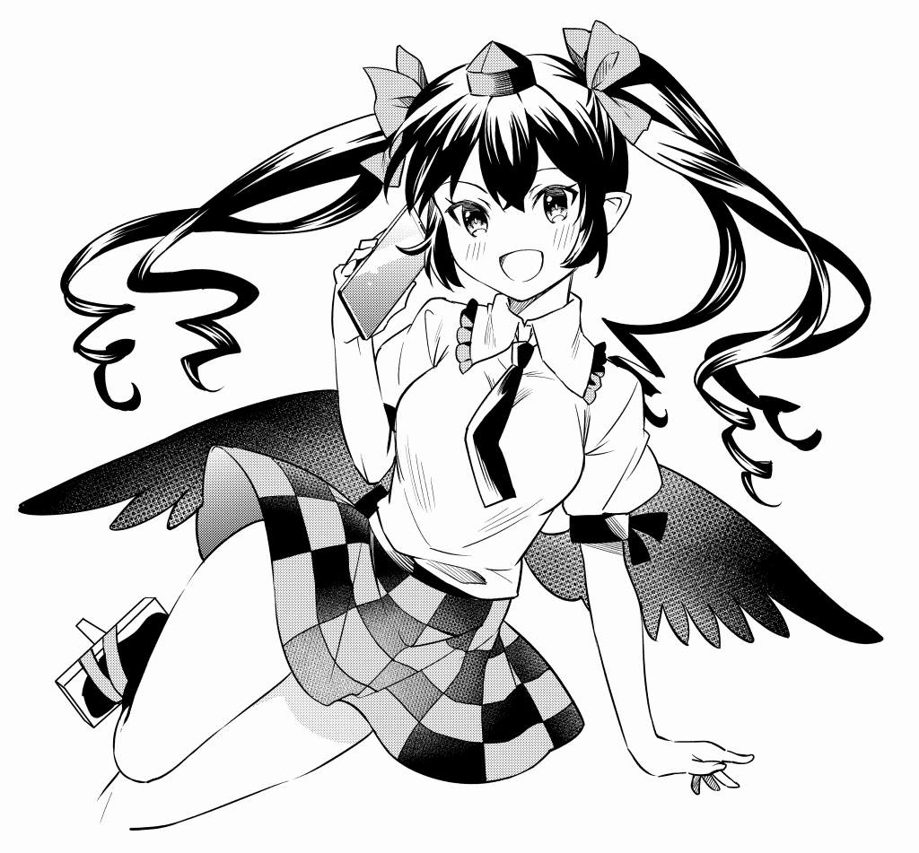 1girl blush breasts cellphone checkered checkered_skirt collared_shirt feet_out_of_frame frilled_shirt_collar frills geta greyscale hat himekaidou_hatate kapuchii medium_breasts miniskirt monochrome necktie open_mouth phone pointy_ears puffy_short_sleeves puffy_sleeves shirt short_sleeves skirt tengu-geta tokin_hat touhou twintails wings
