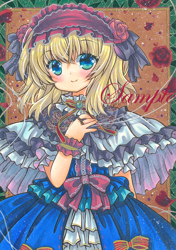 1girl alice_margatroid black_ribbon blonde_hair blue_brooch blue_shirt blue_skirt blush brooch capelet closed_mouth cowboy_shot eyebrows_visible_through_hair floral_background floral_print flower frilled_capelet frilled_hairband frilled_shirt frills hair_between_eyes hair_ribbon hairband jewelry looking_at_viewer marker_(medium) medium_hair neck_ribbon print_capelet puffy_short_sleeves puffy_sleeves puppet_rings puppet_strings red_flower red_hairband red_ribbon red_rose ribbon ring rose rose_background rose_print rui_(sugar3) sample shirt short_sleeves skirt smile solo touhou traditional_media white_capelet wrist_cuffs