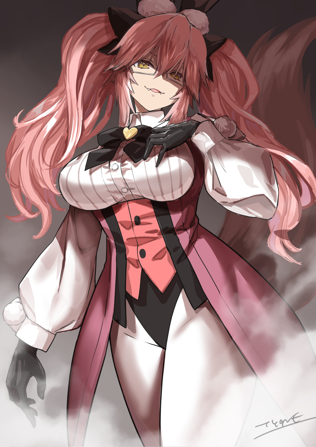 1girl animal_ear_fluff animal_ears bangs black_bow black_gloves blush bow breasts coattails collared_shirt commentary corset dress_shirt fangs fate/grand_order fate_(series) fox_tail glasses gloves hair_between_eyes hair_bow highres koyanskaya_(fate) large_breasts long_hair long_sleeves looking_at_viewer pantyhose parted_lips pink_hair rabbit_ears shaded_face shirt sidelocks tail tamamo_(fate) thighs twintails tyone underbust white_legwear white_shirt yellow_eyes