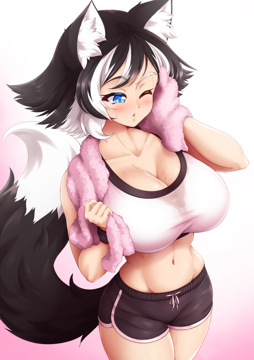 1girl animal_ear_fluff animal_ears bangs black_hair black_shorts blush breasts cat_ears cat_girl cat_tail cleavage collarbone commentary cowboy_shot dolphin_shorts gradient gradient_background groin highres kat_(mazume) large_breasts mazume midriff mismatched_eyebrows multicolored_hair one_eye_closed original parted_lips pink_background shorts simple_background solo streaked_hair sweat tail towel towel_around_neck two-tone_hair white_background white_hair