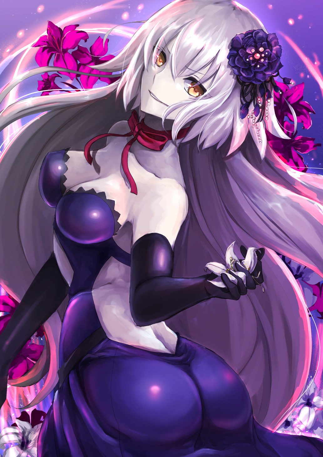 1girl aruti ass breasts choker cleavage clip_studio_paint_(medium) dutch_angle elbow_gloves fate/grand_order fate_(series) flower flower_request gloves grey_hair hair_flower hair_ornament highres holding holding_flower jeanne_d'arc_(alter)_(fate) jeanne_d'arc_(fate) long_hair looking_at_viewer medium_breasts pixiv_fate/grand_order_contest_2 red_choker red_ribbon ribbon ribbon_choker solo strapless yellow_eyes